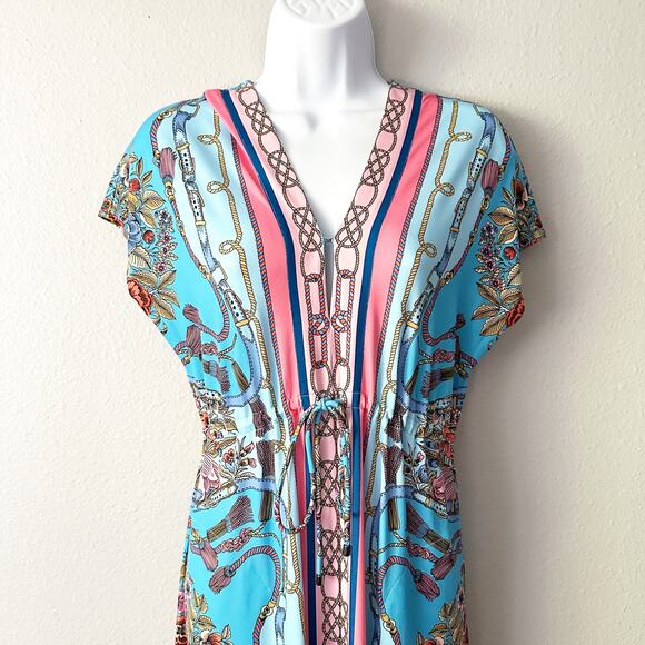 Boston Proper Scarf Border Print Blue & Pink Maxi Dress Women's Size Small - Picture 2 of 10